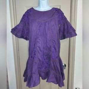 Free People Purple Pavlo Floral Embroidered Ruffled Mini Dress Sz S